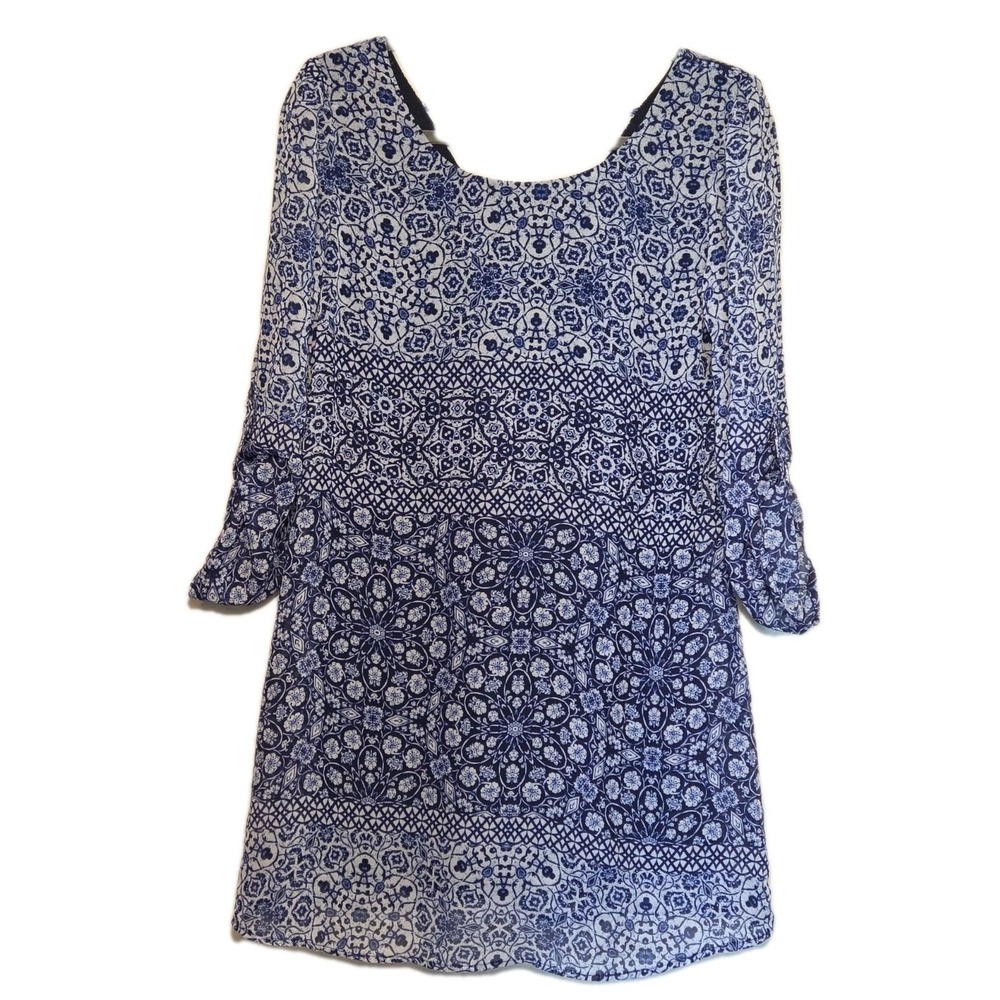 Women's Blue Chiffon Dress Shift V Back Lined 3/4 Sleeve Boho Speechless XS